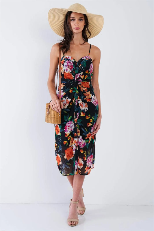 Black Semi-Sheer Floral Chiffon Midi Dress /1-2-2-1 - Tasha Apparel Wholesale