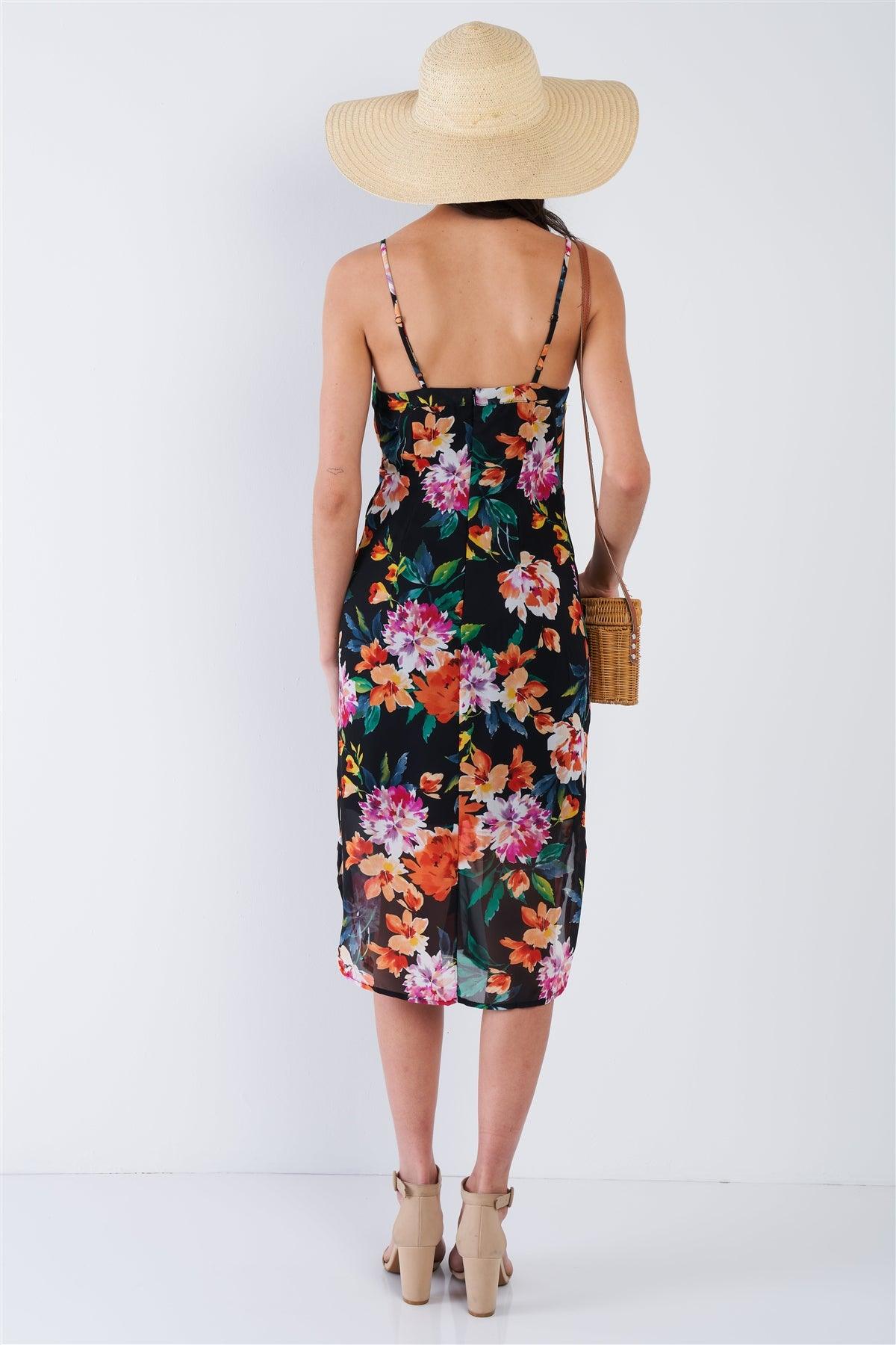 Black Semi-Sheer Floral Chiffon Midi Dress  /2-1-2-1