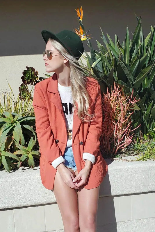 Satin Rust Orange Double Breasted Oversized Blazer /1-2-2-1 - Tasha Apparel Wholesale