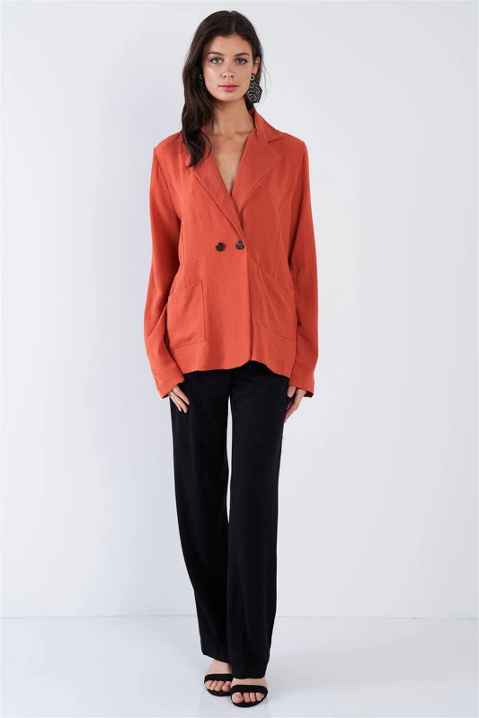 Satin Rust Orange Double Breasted Oversized Blazer /2-1-1-2 - Tasha Apparel Wholesale