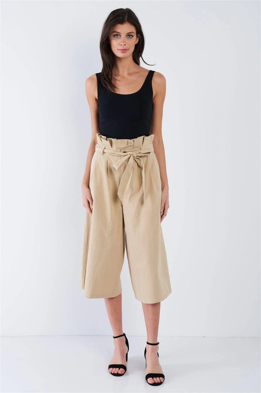 Beige Cotton Ruffle High Waist Wide Leg Gaucho Pants /1-2-1 - Tasha Apparel Wholesale