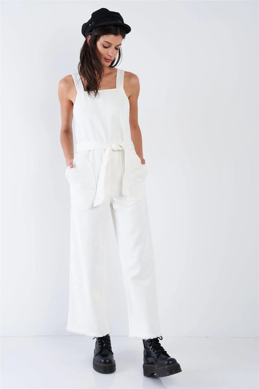 White Denim Raw Hem Wide Leg Waist Sash Jean Overalls /1-1-2-1 - Tasha Apparel Wholesale