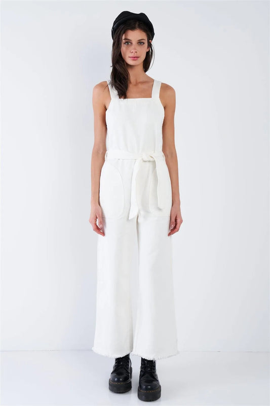 White Denim Raw Hem Wide Leg Waist Sash Jean Overalls /1-2-2 - Tasha Apparel Wholesale