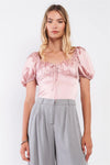 Rose Satin Gathered Sweetheart Neck Short Puff Sleeve Bodysuit /2-2-1-1 - Tasha Apparel Wholesale