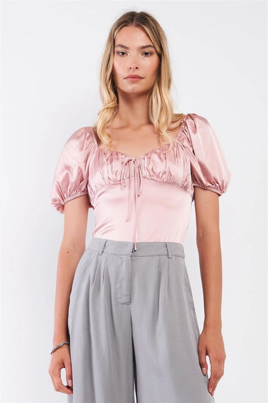 Rose Satin Gathered Sweetheart Neck Short Puff Sleeve Bodysuit /2-2-1-1 - Tasha Apparel Wholesale