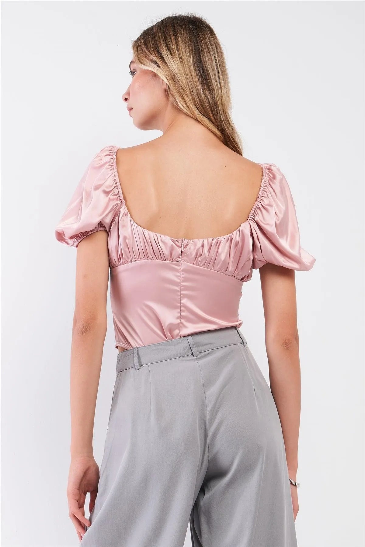 Rose Satin Gathered Sweetheart Neck Short Puff Sleeve Bodysuit /2-2-1-1 - Tasha Apparel Wholesale