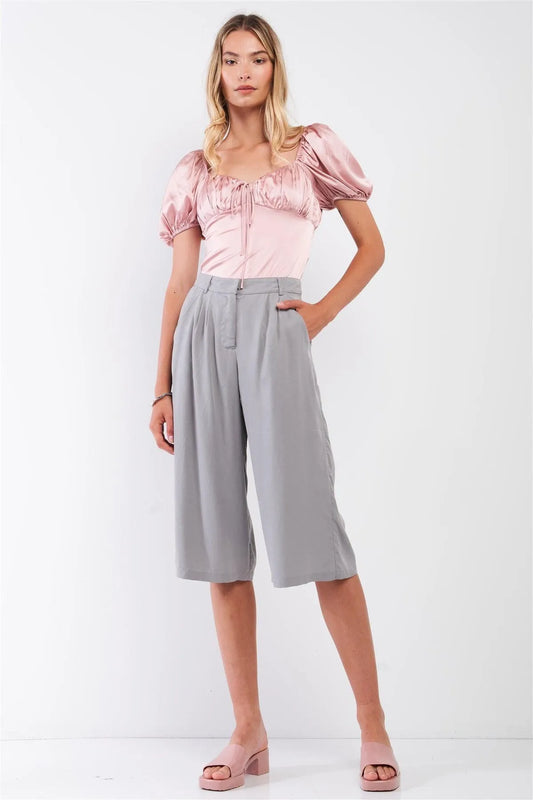 Rose Satin Gathered Sweetheart Neck Short Puff Sleeve Bodysuit /2-2-1-1 - Tasha Apparel Wholesale