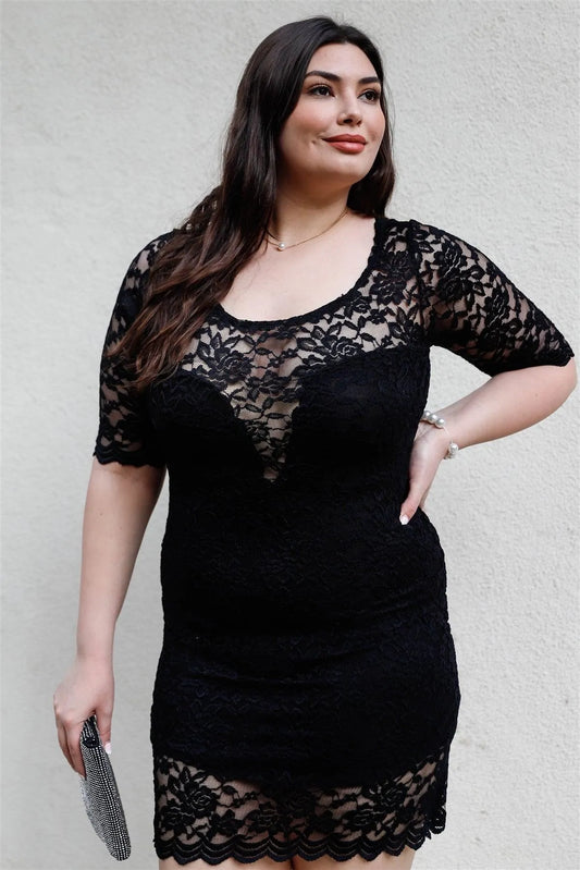 Junior Plus Black Lace Mini Dress /2-2-2 - Tasha Apparel Wholesale