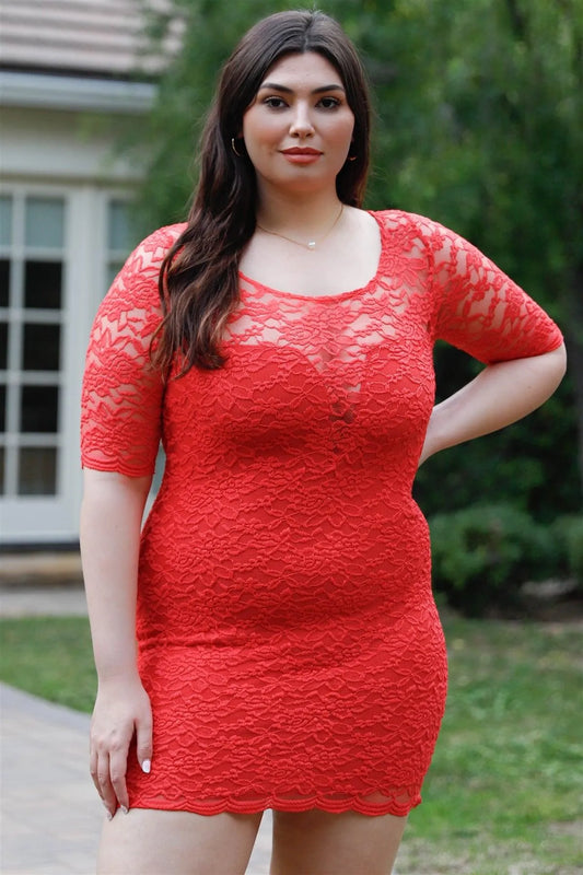 Junior Plus Coral Lace Mini Dress /2-2-2 - Tasha Apparel Wholesale