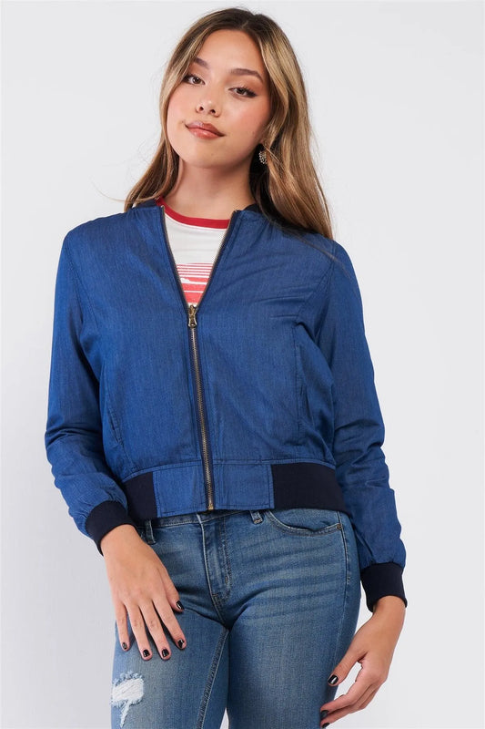 Medium Blue Denim Reversible Front Zip-Up Bomber Jacket /2-2-2 - Tasha Apparel Wholesale