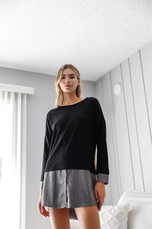 Black Knit Combo Long Sleeve Sweater Dress /2-2-2 - Tasha Apparel Wholesale