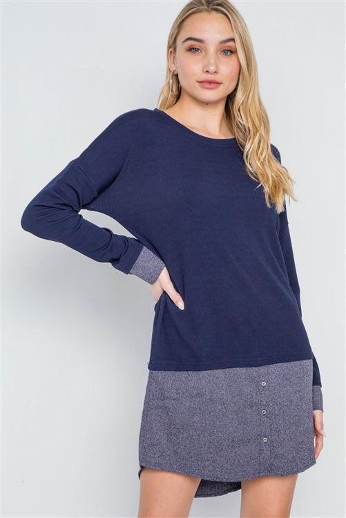 Navy Knit Combo Long Sleeve Sweater Dress /1-1-2