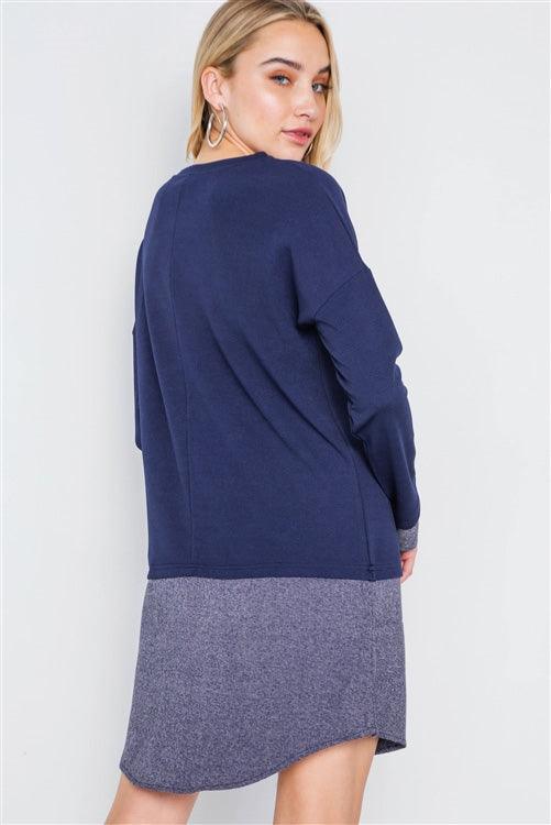 Navy Knit Combo Long Sleeve Sweater Dress /1-1-2