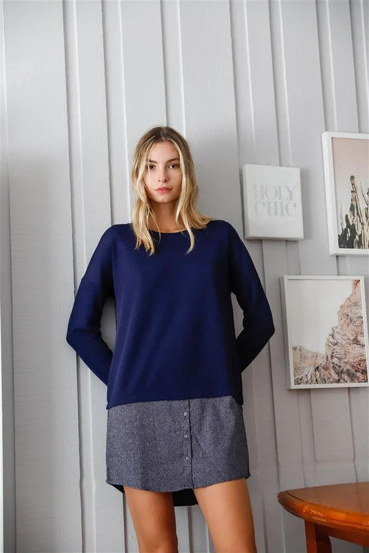 Navy Knit Combo Long Sleeve Sweater Dress - Tasha Apparel Wholesale