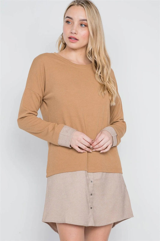 Taupe Knit Combo Long Sleeve Sweater Dress /3-1-1 - Tasha Apparel Wholesale