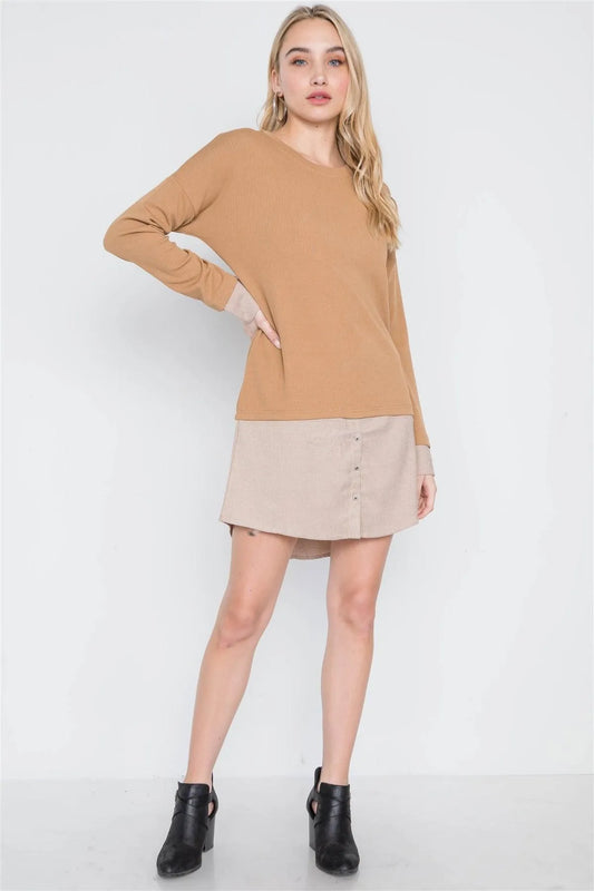 Taupe Knit Combo Long Sleeve Sweater Dress /3-3 - Tasha Apparel Wholesale