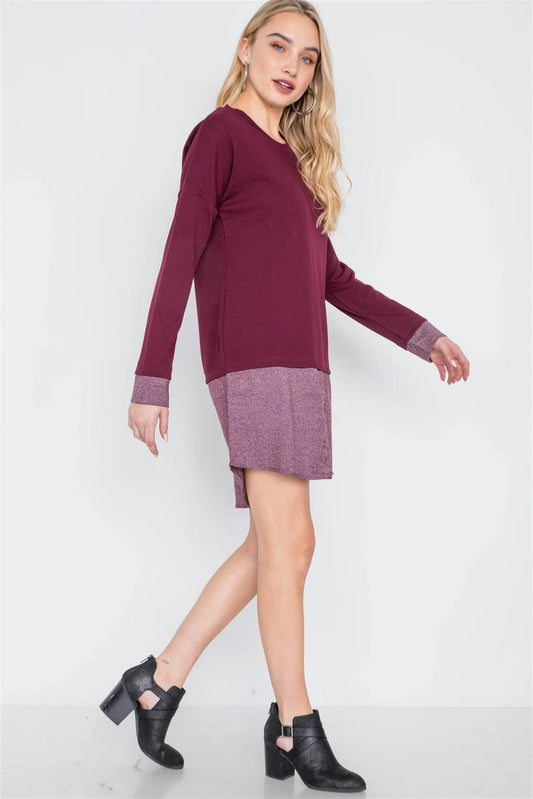 Wine Knit Combo Long Sleeve Sweater Dress /2-2 - Tasha Apparel Wholesale