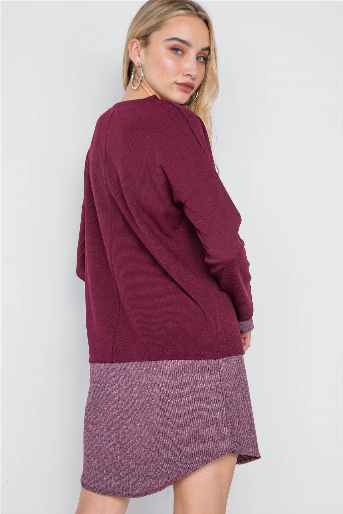 Wine Knit Combo Long Sleeve Sweater Dress /2-2