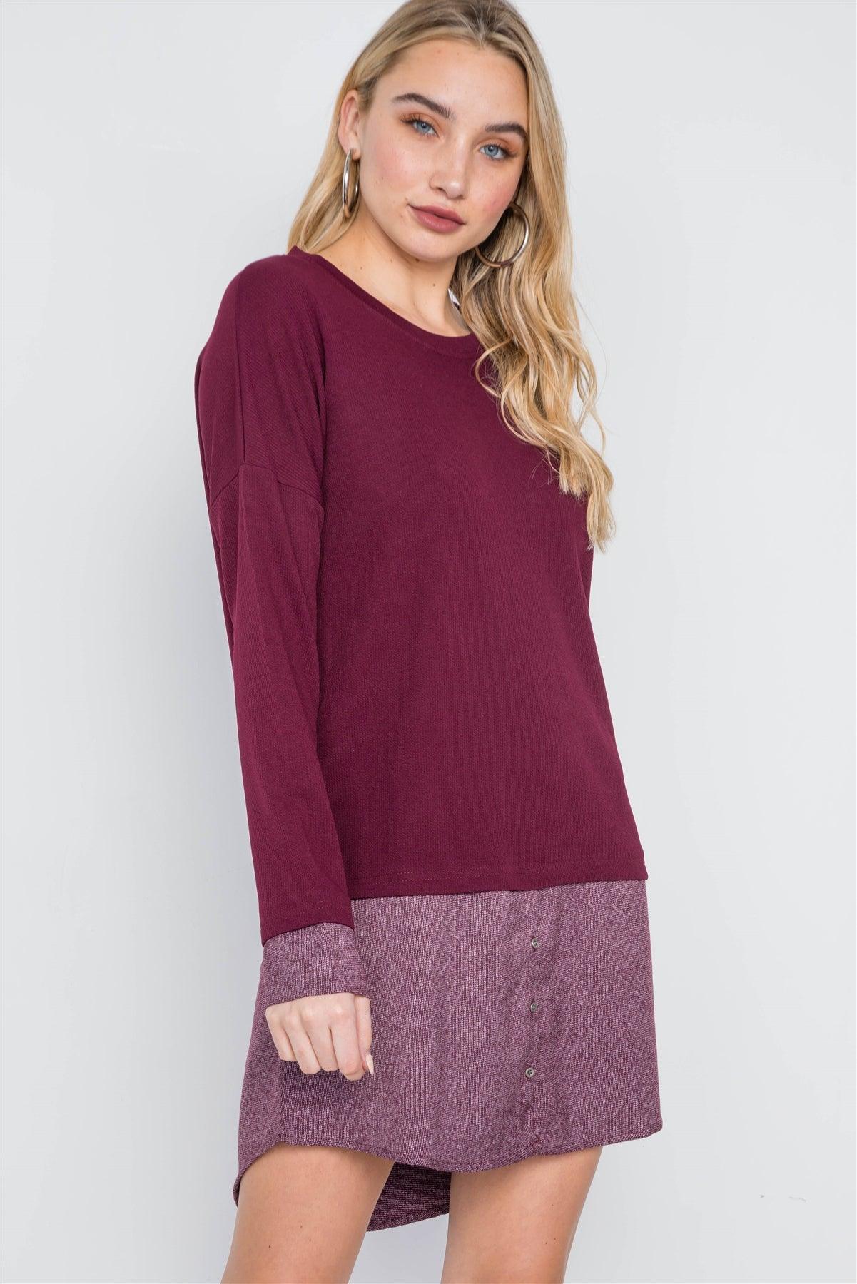Wine Knit Combo Long Sleeve Sweater Dress /2-2