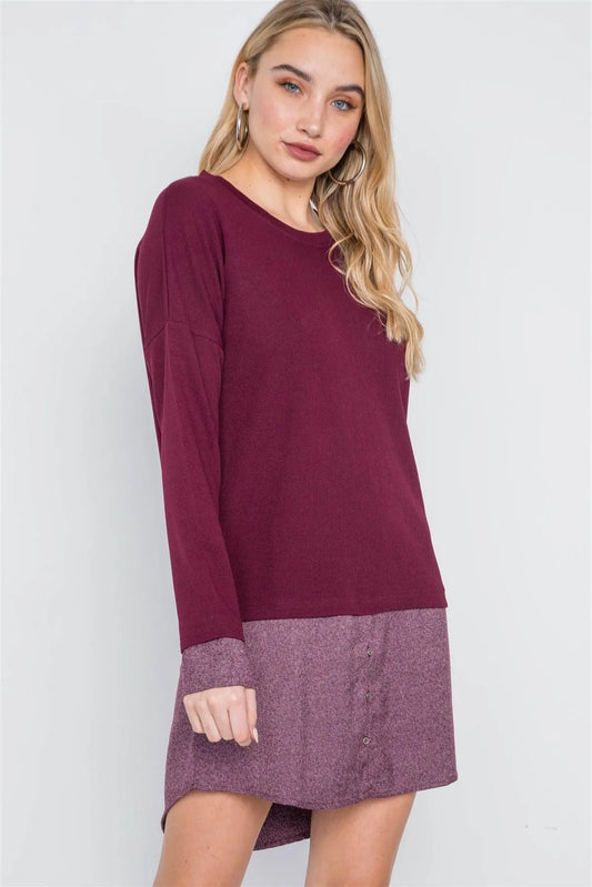 Wine Knit Combo Long Sleeve Sweater Dress /2-2-2 - Tasha Apparel Wholesale