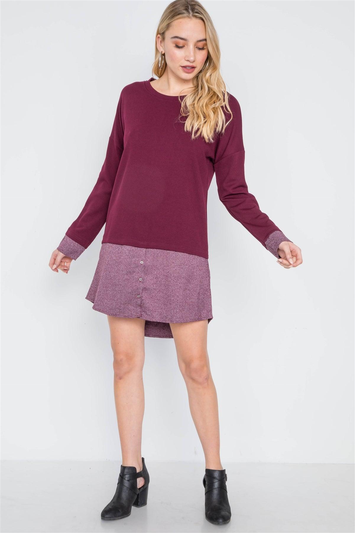 Wine Knit Combo Long Sleeve Sweater Dress /2-2-2
