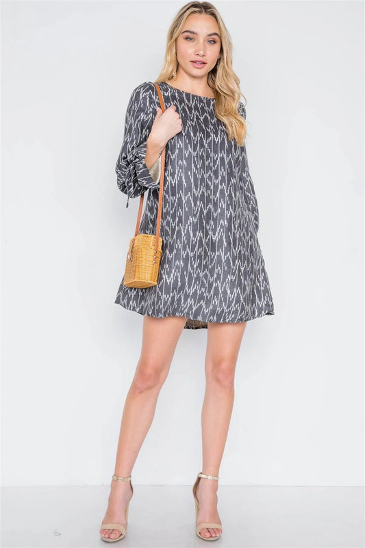Black Charcoal Long Sleeve Abstract Print Dress /1-1-1 - Tasha Apparel Wholesale