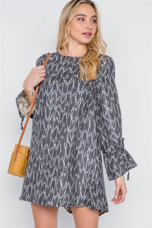 Black Charcoal Long Sleeve Abstract Print Dress /2-2-2 - Tasha Apparel Wholesale