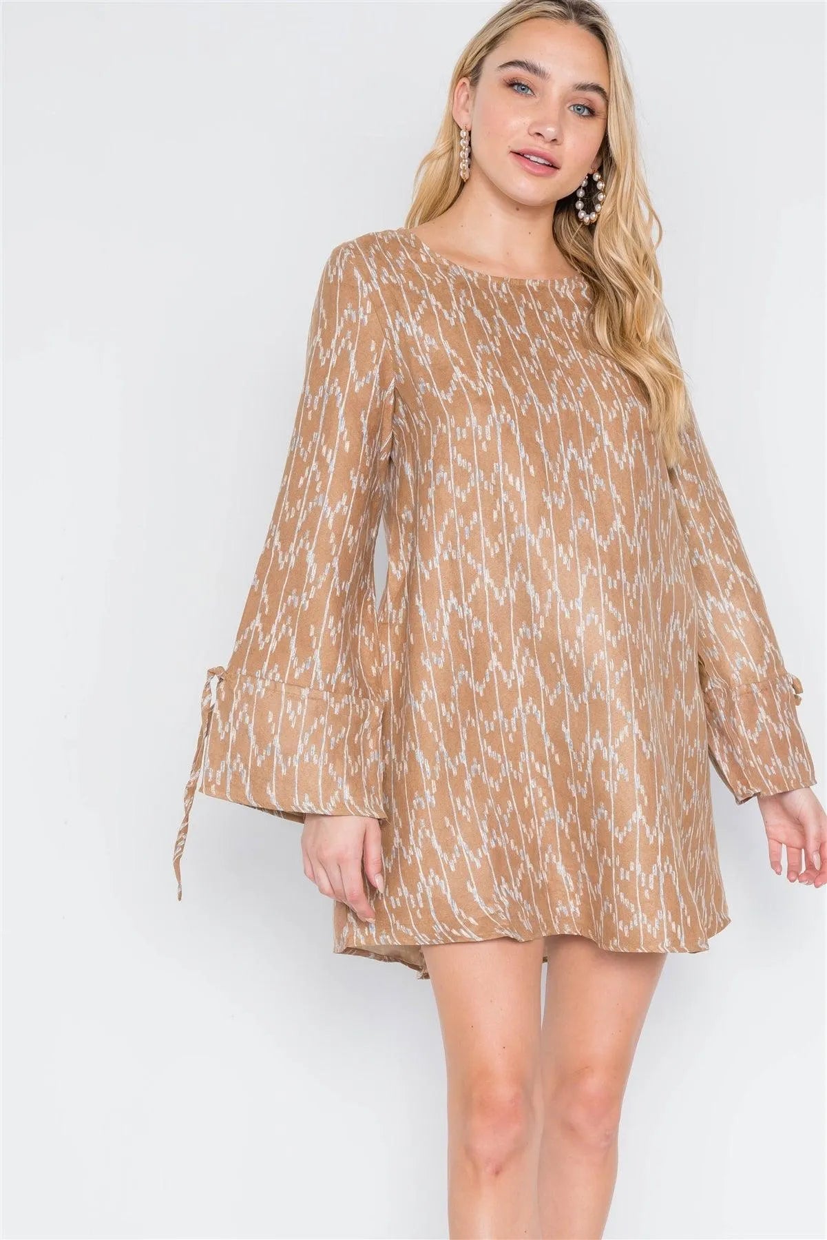 Camel Long Sleeve Abstract Print Dress /1-1-1 - Tasha Apparel Wholesale