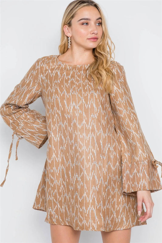Camel Long Sleeve Abstract Print Dress /2-2-2 - Tasha Apparel Wholesale