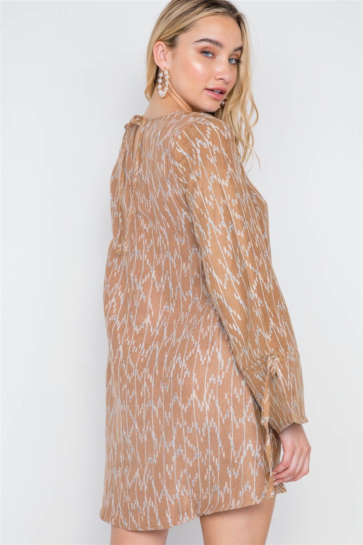 Camel  Long Sleeve Abstract Print Dress /2-2-2