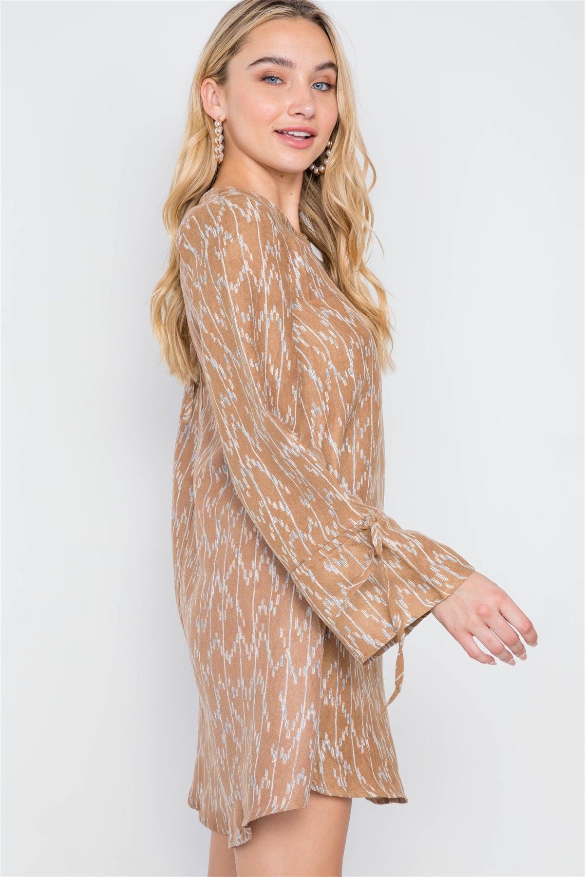 Camel  Long Sleeve Abstract Print Dress /2-2-2