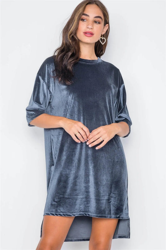 Midnight Velvet Oversized Short Sleeve Shirt Dress / 2-2-2 - Tasha Apparel Wholesale