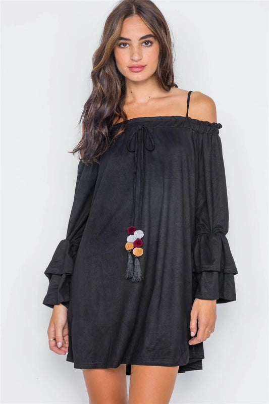 Black Faux Suede Off-The-Shoulders Mini Dress / 2-2-2 - Tasha Apparel Wholesale