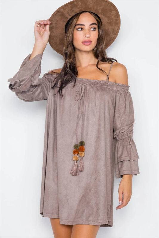 Grey Taupe Faux Suede Off-The-Shoulders Mini Dress / 2-2-2 - Tasha Apparel Wholesale