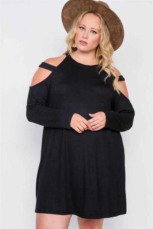 Plus Size Black Knit Strap Shoulder Long Sleeve Dress - Tasha Apparel Wholesale