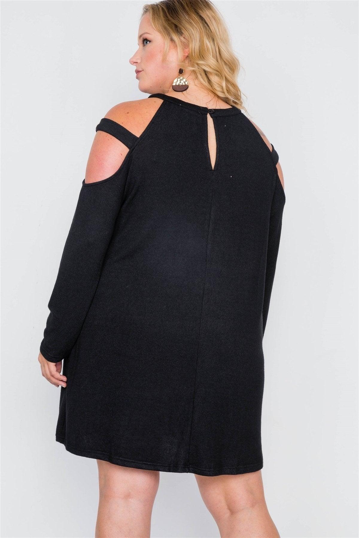 Plus Size Black Knit Strap Shoulder Long Sleeve Dress