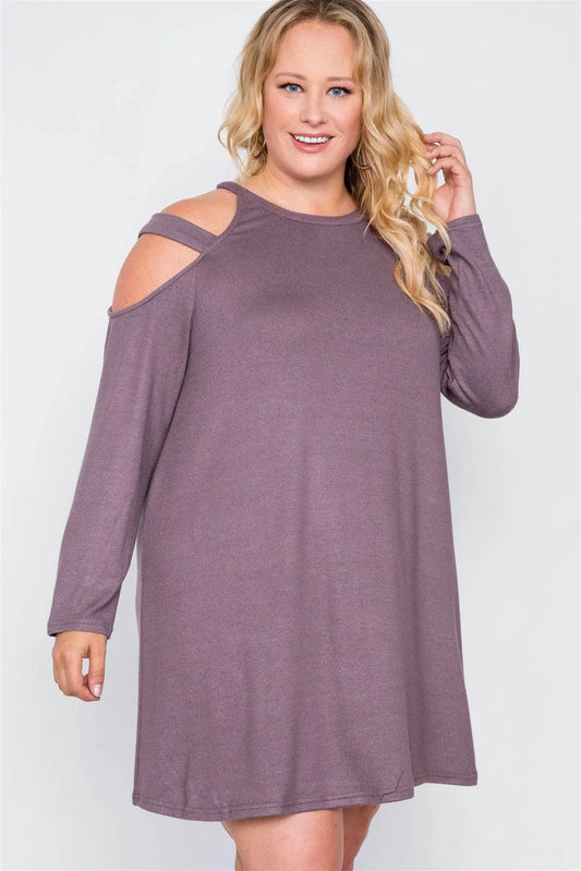 Junior Plus Size Mauve Knit Strap Shoulder Long Sleeve Dress / 3-2-1 - Tasha Apparel Wholesale