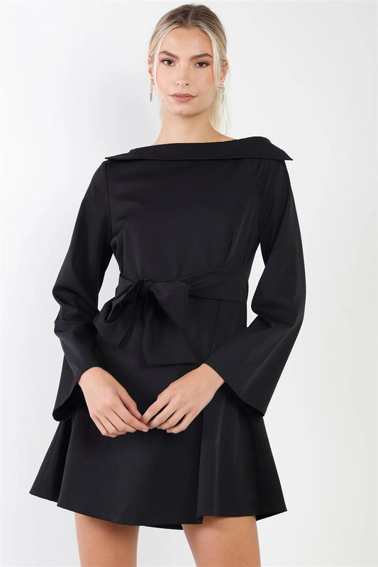 Black Straight Neck Solid Front-Tie Long Sleeve Mini Dress /2-2-2 - Tasha Apparel Wholesale