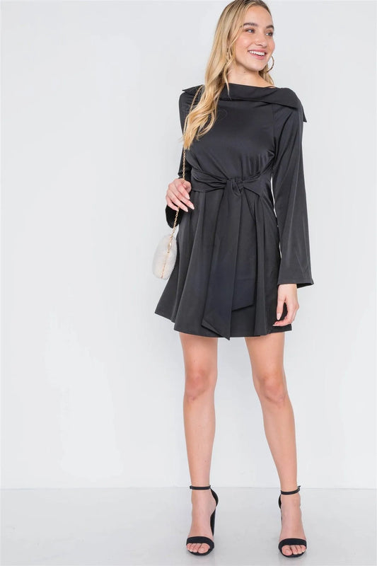 Black Straight Neck Solid Front-Tie Dress /2-3-2 - Tasha Apparel Wholesale
