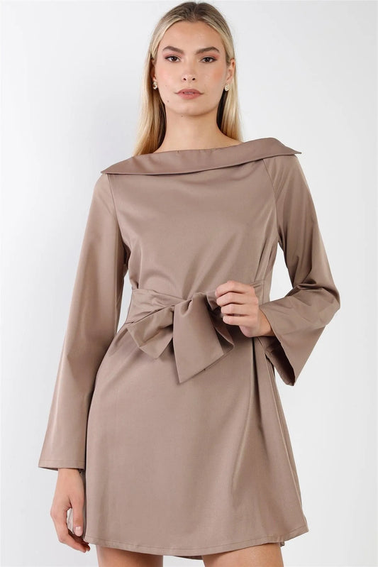 Mocha Straight Neck Solid Front-Tie Long Sleeve Mini Dress /2-2-2 - Tasha Apparel Wholesale