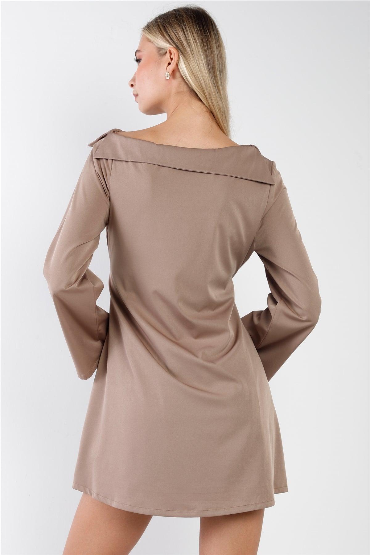 Mocha Straight Neck Solid Front-Tie Long Sleeve Mini Dress /2-2-2