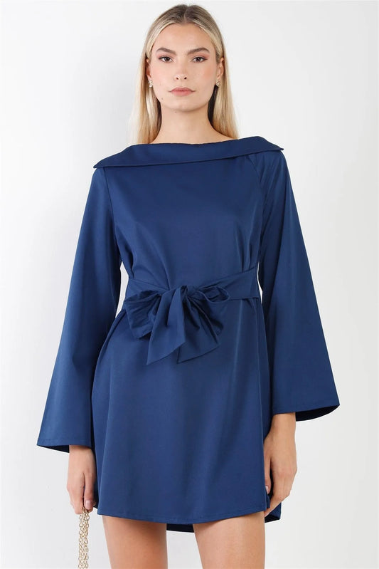 Navy Straight Neck Solid Front-Tie Long Sleeve Mini Dress /2-2-2 - Tasha Apparel Wholesale