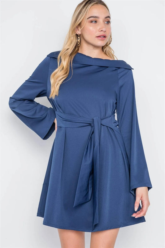 Navy Straight Neck Solid Front-Tie Dress /3-3 - Tasha Apparel Wholesale
