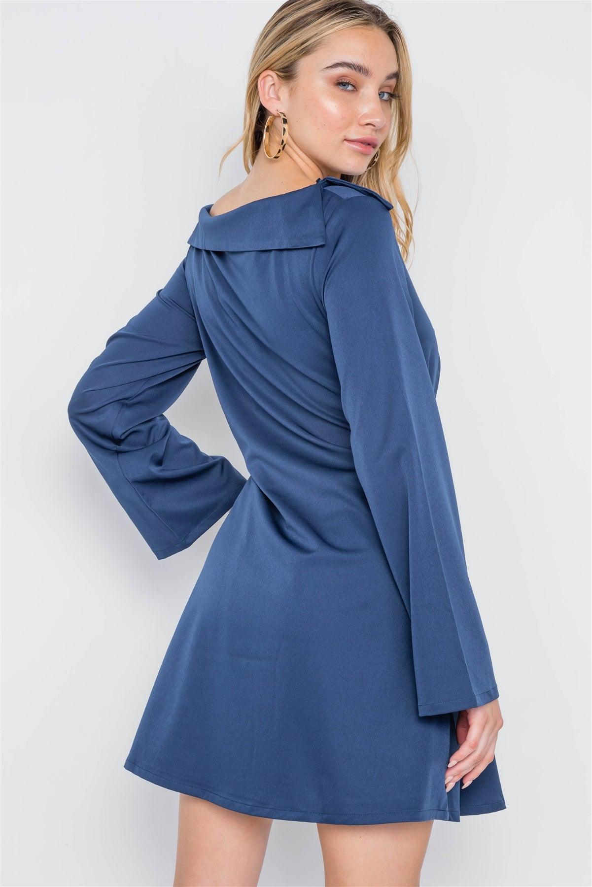Navy Straight Neck Solid Front-Tie Dress /3-3
