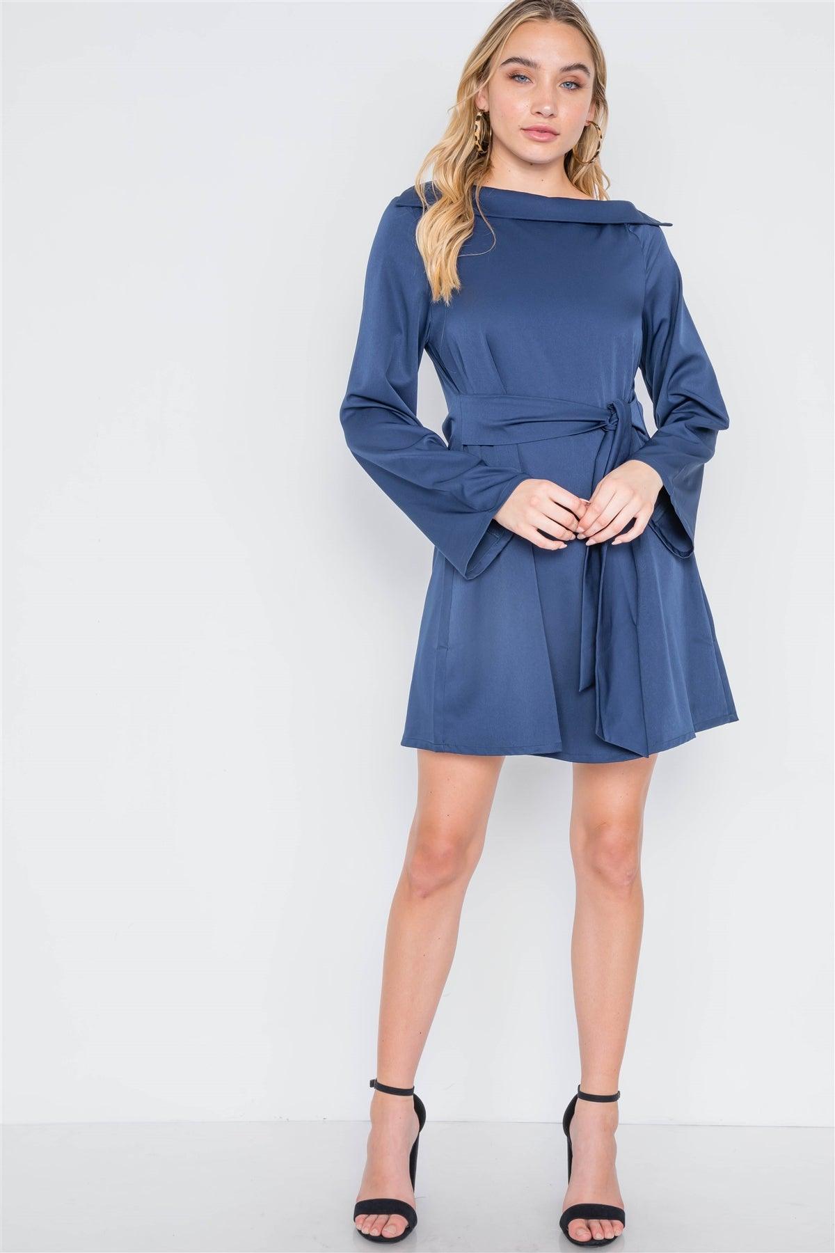 Navy Straight Neck Solid Front-Tie Dress /3-3