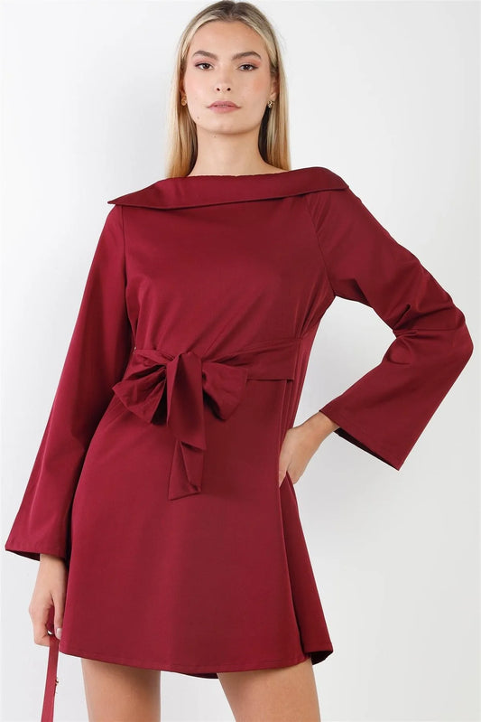 Wine Straight Neck Solid Front-Tie Long Sleeve Mini Dress /1-2-2 - Tasha Apparel Wholesale