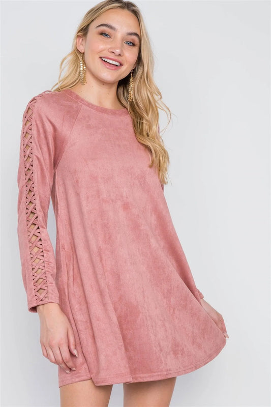 Blush Faux Suede Strap Sleeves Mini Shirt Dress /1-2-2 - Tasha Apparel Wholesale