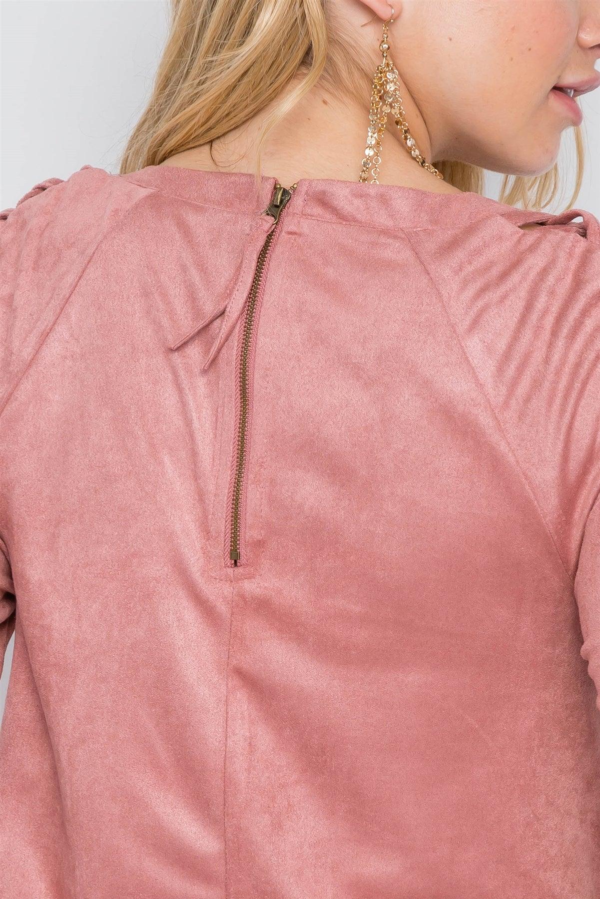 Blush Faux Suede Strap Sleeves Mini Shirt Dress /1-2-2