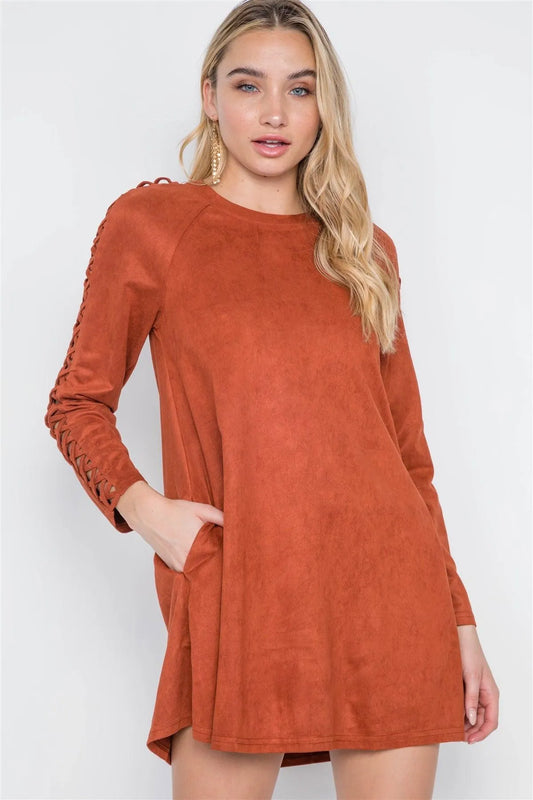 Brick Faux Suede Strap Sleeves Mini Shirt Dress /2-2-2 - Tasha Apparel Wholesale