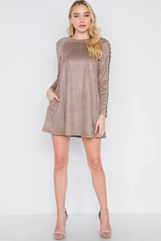 Grey Taupe Faux Suede Strap Sleeves Mini Shirt Dress /1-2-1 - Tasha Apparel Wholesale